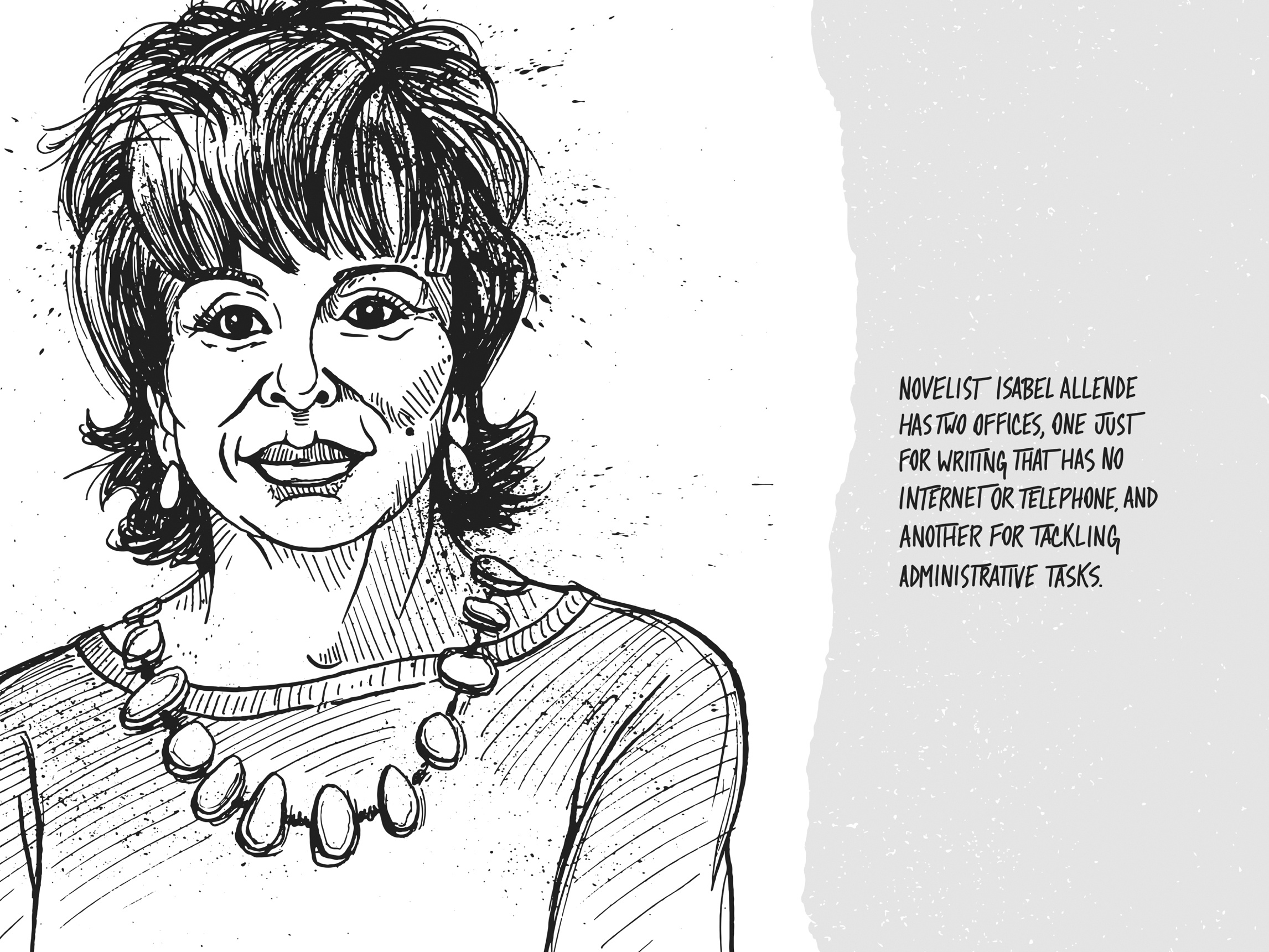 ایزابل آندلهٔ نویسنده دو دفتر کار دارد. یکی مخصوص نوشتن، بدون ارتباط اینترنت و تلفن، و دیگری مخصوص انجام کارهای مدیریتی.